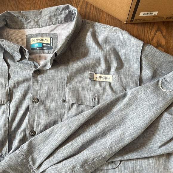 Magellan Outdoors fish gear button down Gray/blue Long Sleeve Shirt. Size 2XL - Picture 1 of 7